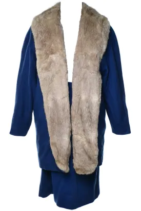 1960's Vintage Blue Felted Skirt Suit Fur Lined Coat Size 6