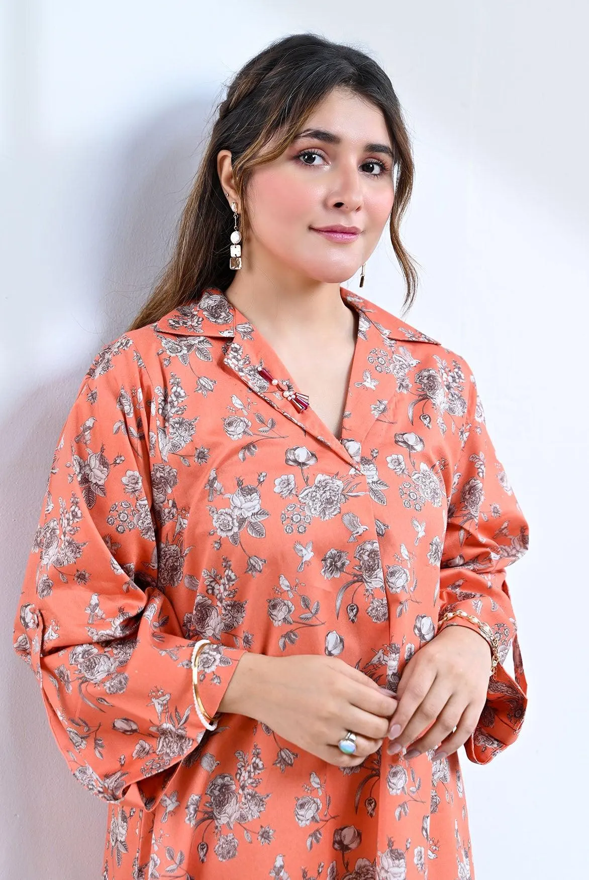 1Pc | RTW | Cotton Satin Coral Pink Shirt