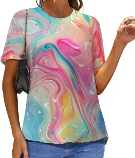 Abstract Art Rainbow Women's Short Sleeve Crewneck Graphic T-Shirt Summer Cute Printed Tee Tops