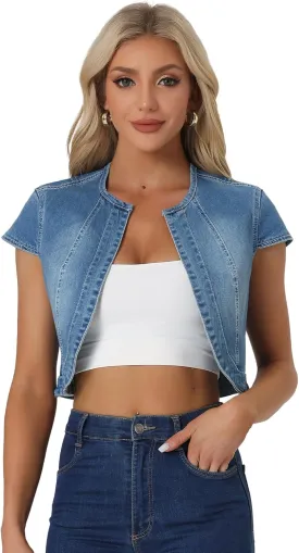 Allegra K Women's Denim Jacket Short Sleeve Jean Jacket Slim Fit Summer Outfits Casual Cropped Jacket