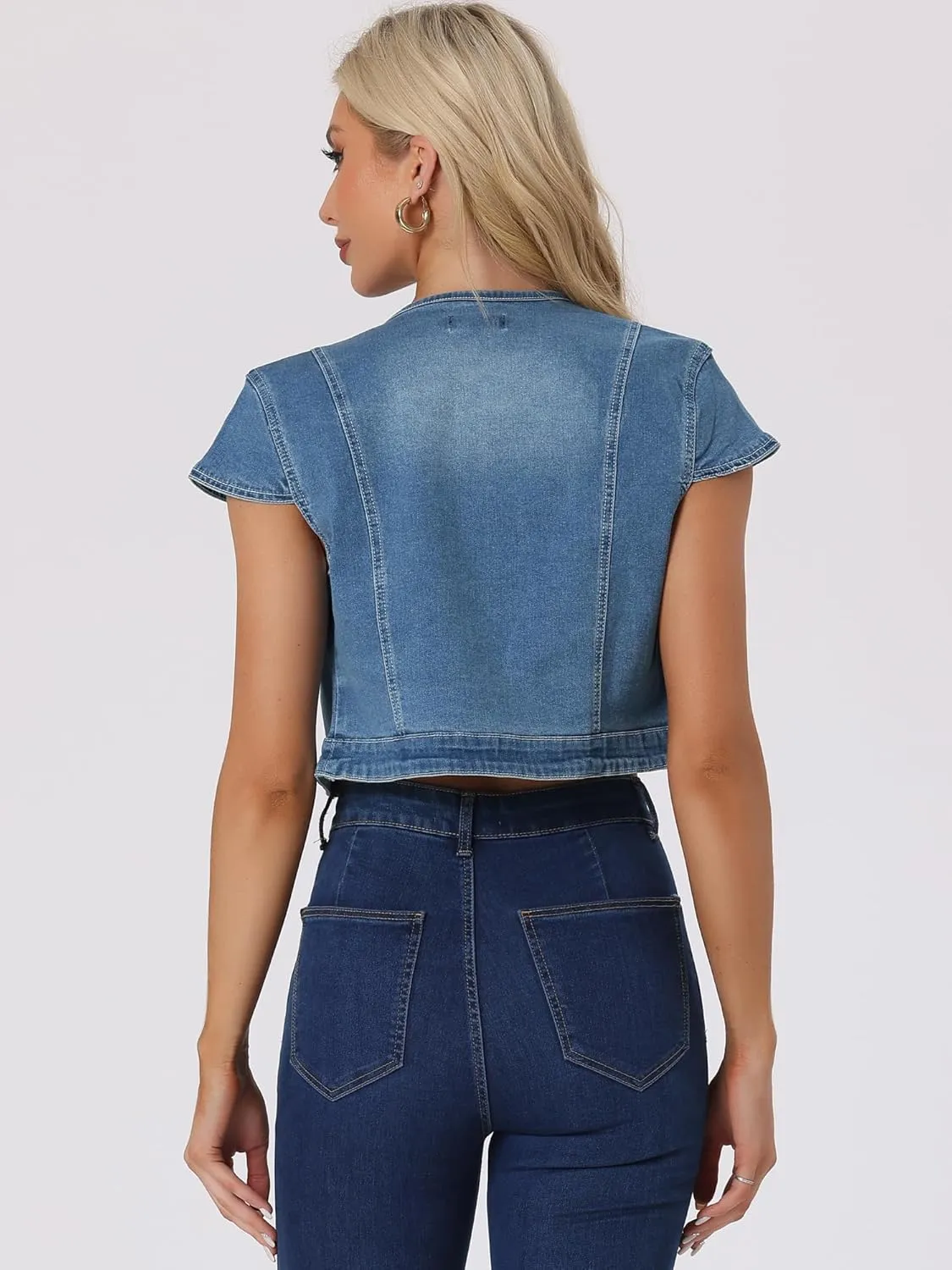 Allegra K Women's Denim Jacket Short Sleeve Jean Jacket Slim Fit Summer Outfits Casual Cropped Jacket