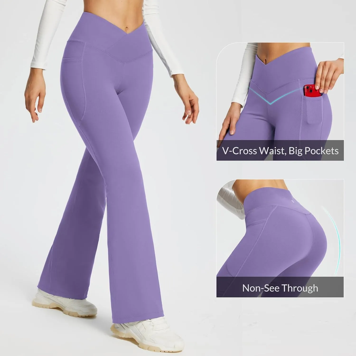 baleaf Women's Yoga Pants V Crossover Flare Leggings with Pockets High Waist Casual Workout Gym Bell Bottom Leggings