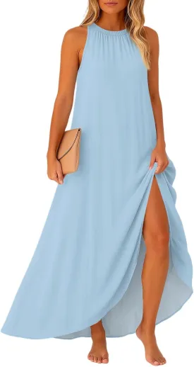 BAXLIMEK Halter Dresses for Women Summer Elegant Sleeveless Print Maxi Dress,Romanic Flowy Ruched Swing Beach Vacation Dress