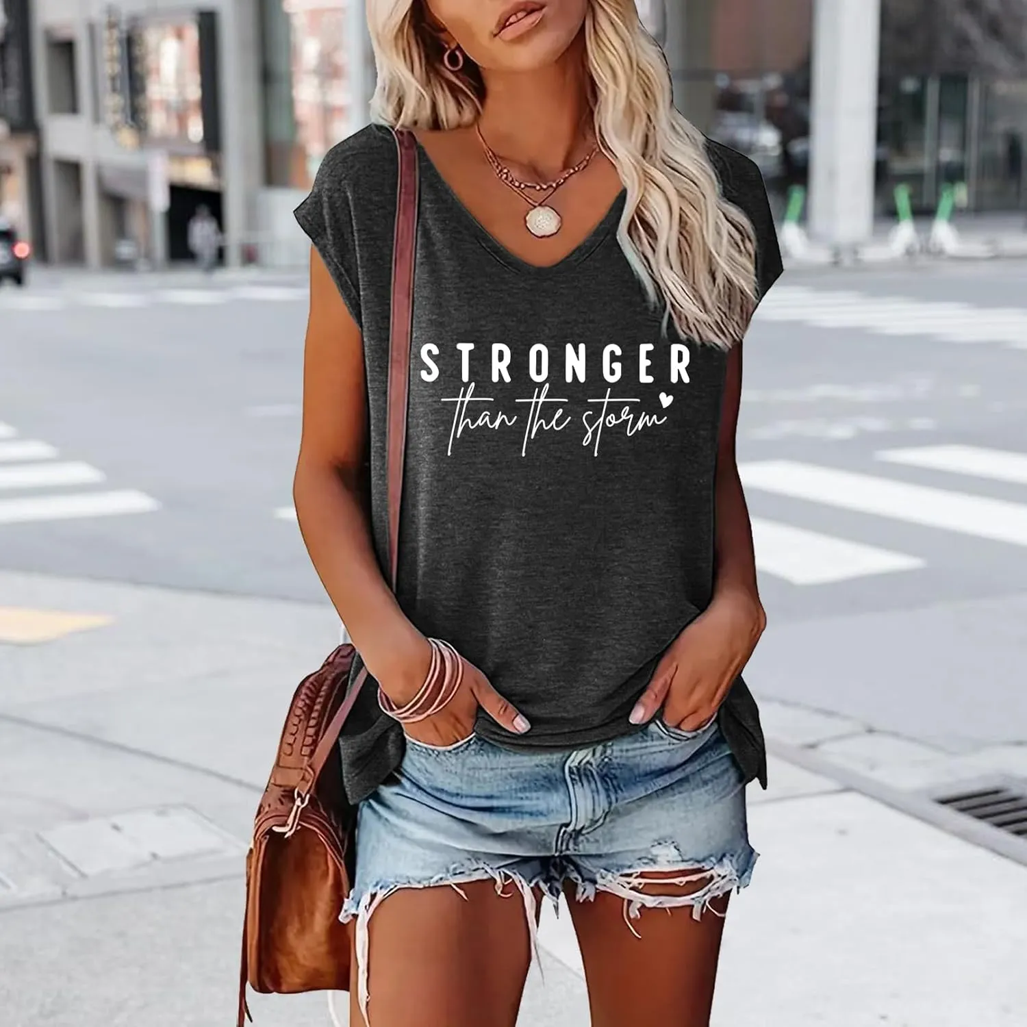 BLACKMYTH Women's Graphic Tees V-Neck Stronger Cap Sleeve T-Shirts