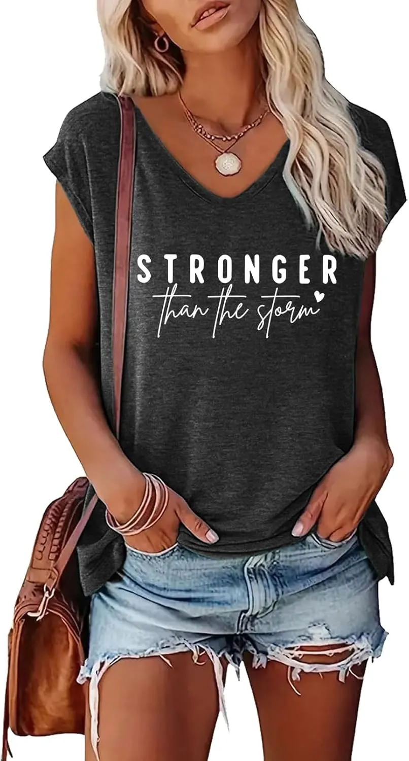 BLACKMYTH Women's Graphic Tees V-Neck Stronger Cap Sleeve T-Shirts