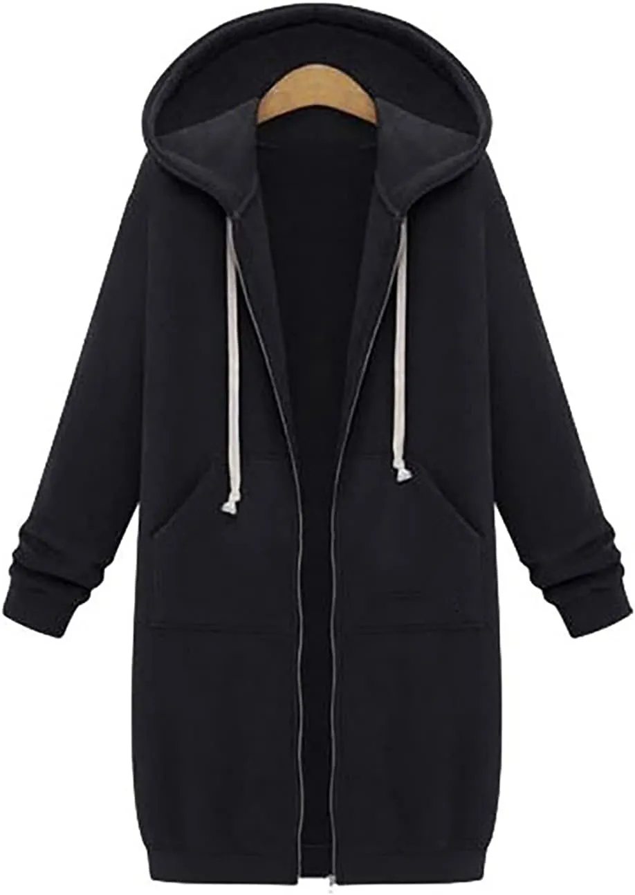 Cdiecer Women Hoodies Zip Up Long Hooded Sweatshirt Jacket Casual Front Cardigan Plus Size Fall Winter Coat with Pockets