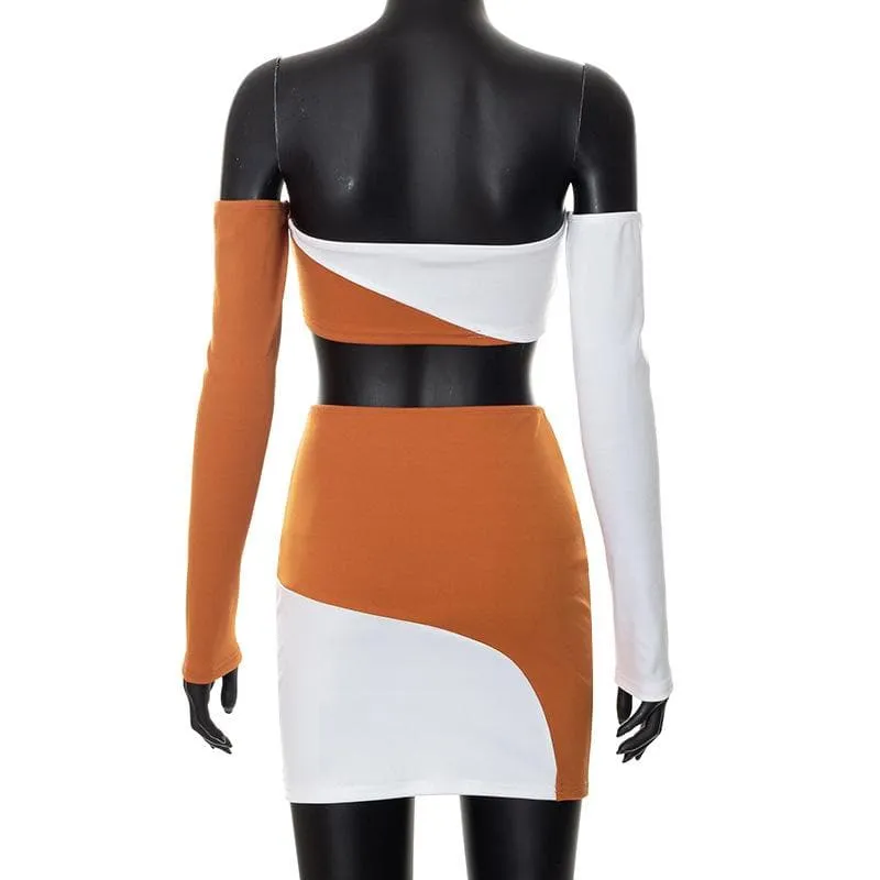 Contrast patchwork off shoulder long sleeve backless mini skirt set