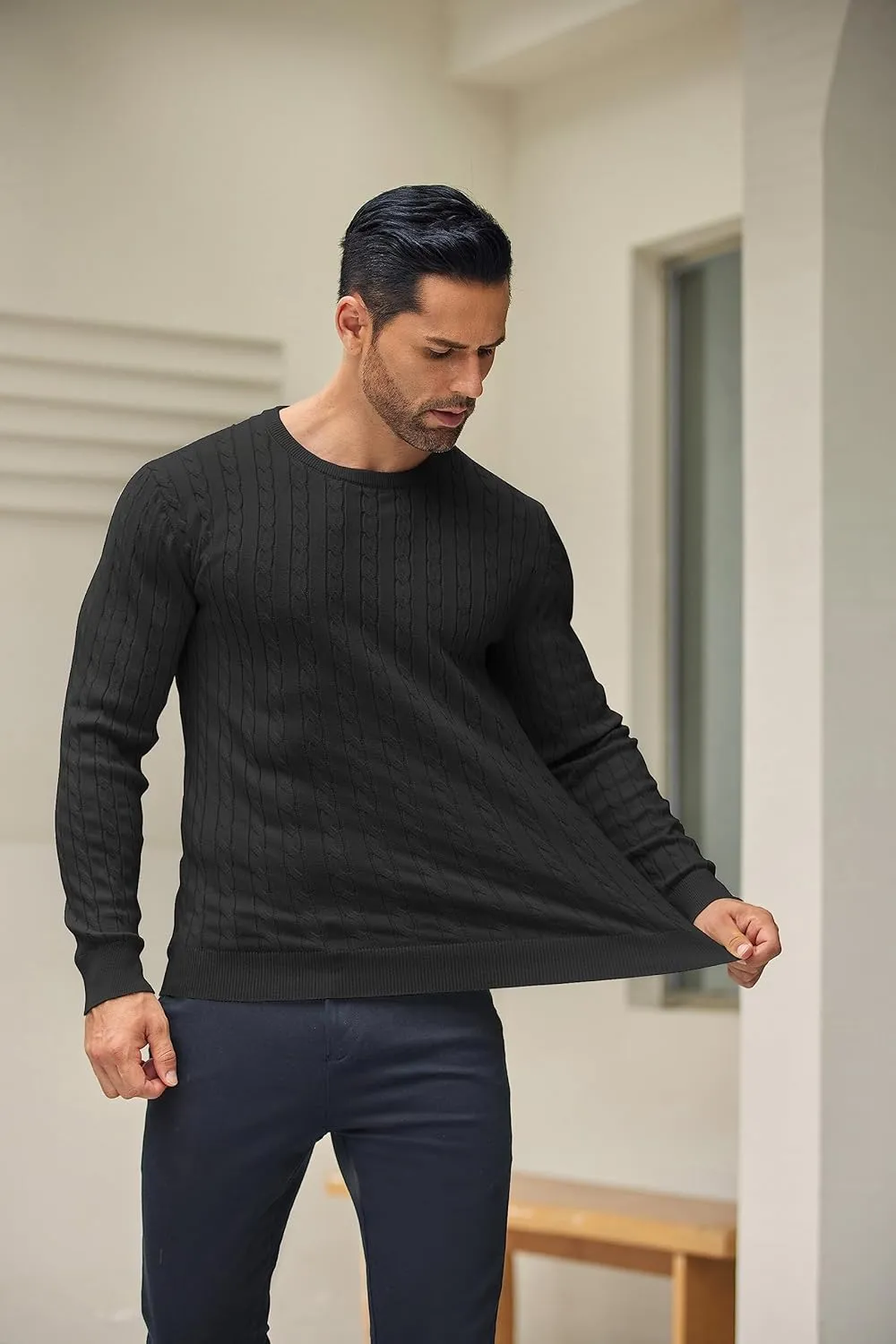 COOFANDY Men's Crewneck Knit Sweater Slim Fit Lightweight Casual Twist Patterned Cable Knitted Pullover