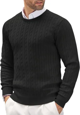 COOFANDY Men's Crewneck Knit Sweater Slim Fit Lightweight Casual Twist Patterned Cable Knitted Pullover