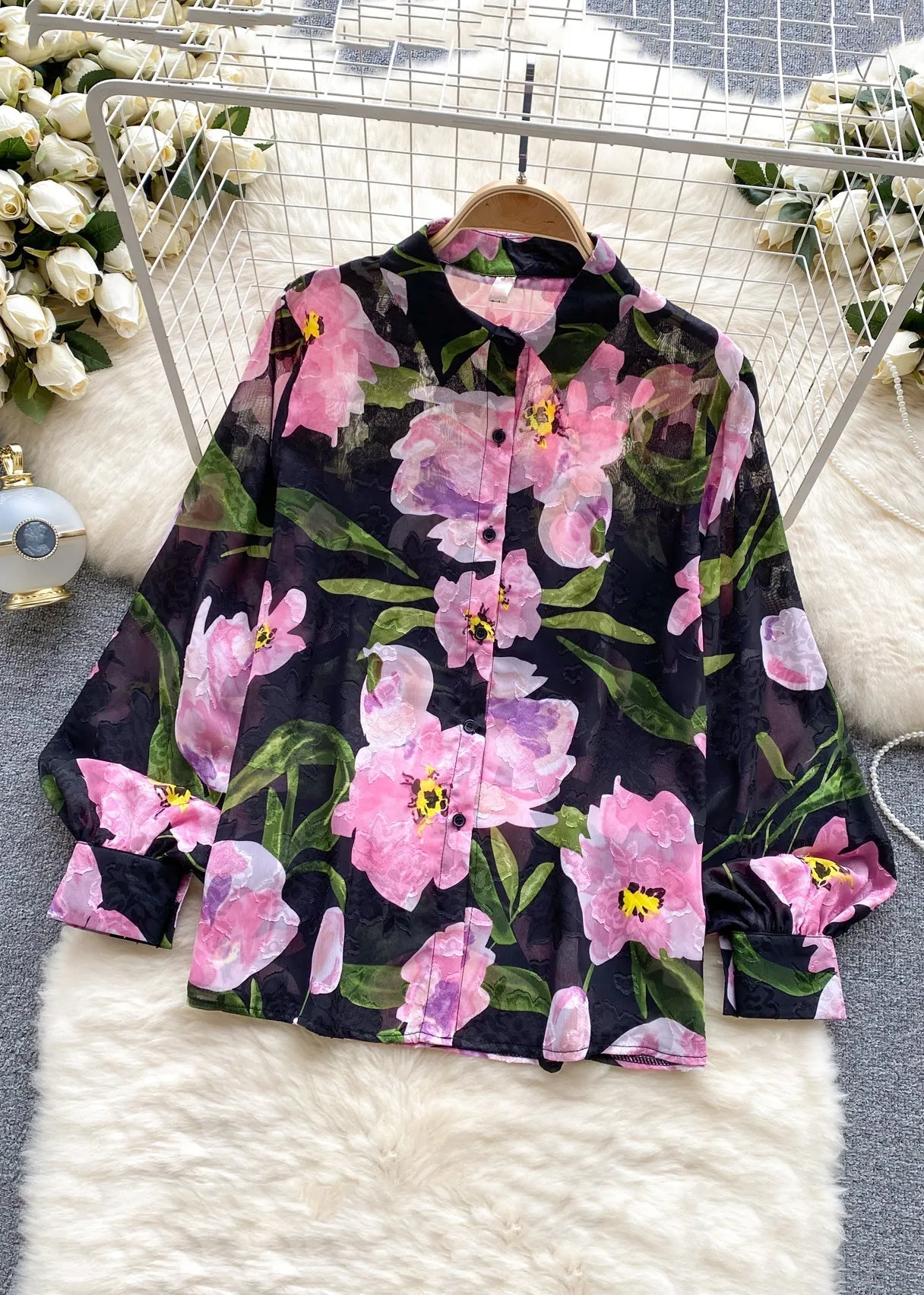 French Green Peter Pan Collar Print Button Chiffon Shirt Long Sleeve TR031