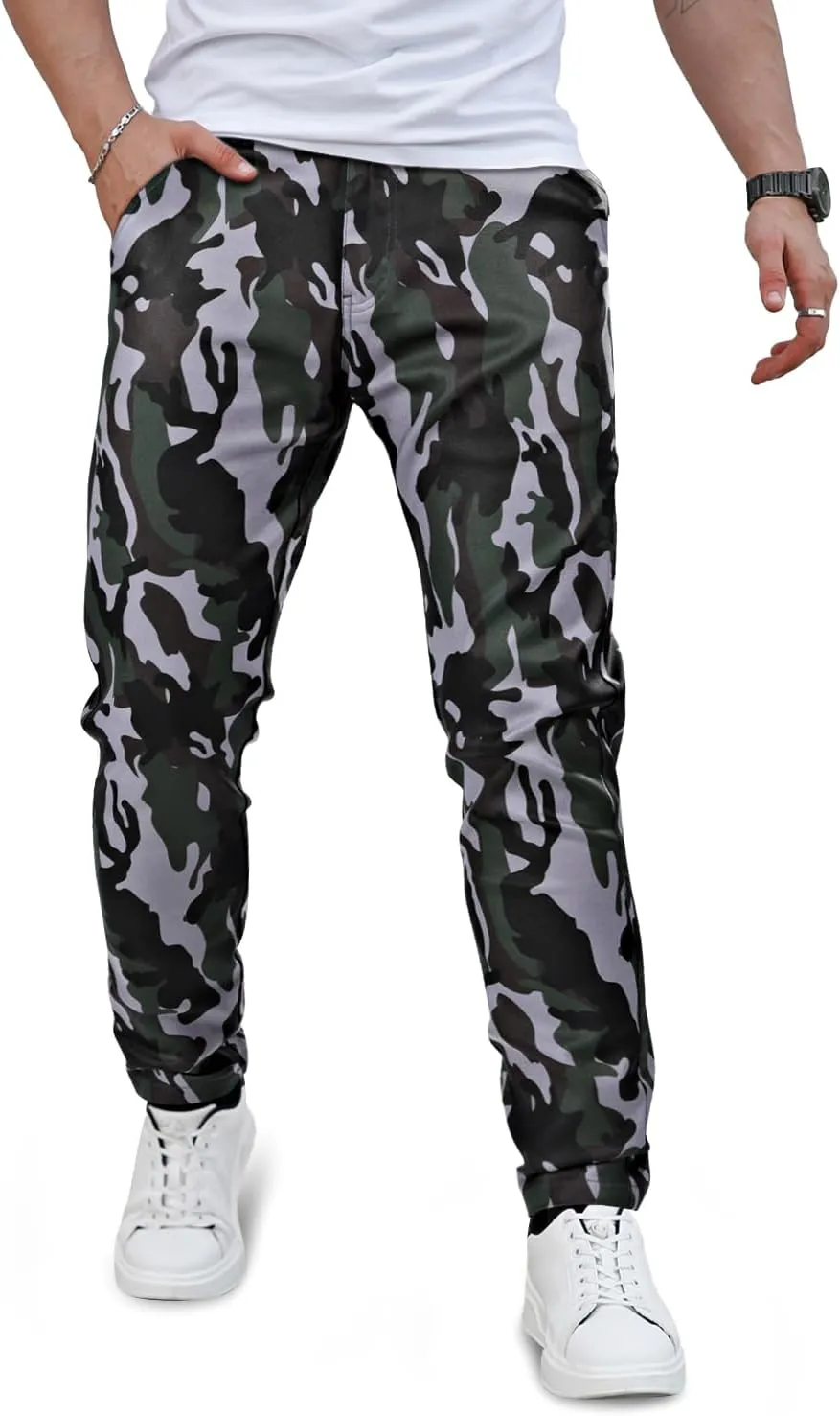 GINGTTO Mens Leather Camo Pants Slim Fit Cargo Biker Pants for Men