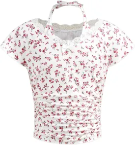 Girl's Ditsy Floral Print Bow Lace T Shirt Short Sleeve Halter V Neck Ruched Tee Shirt