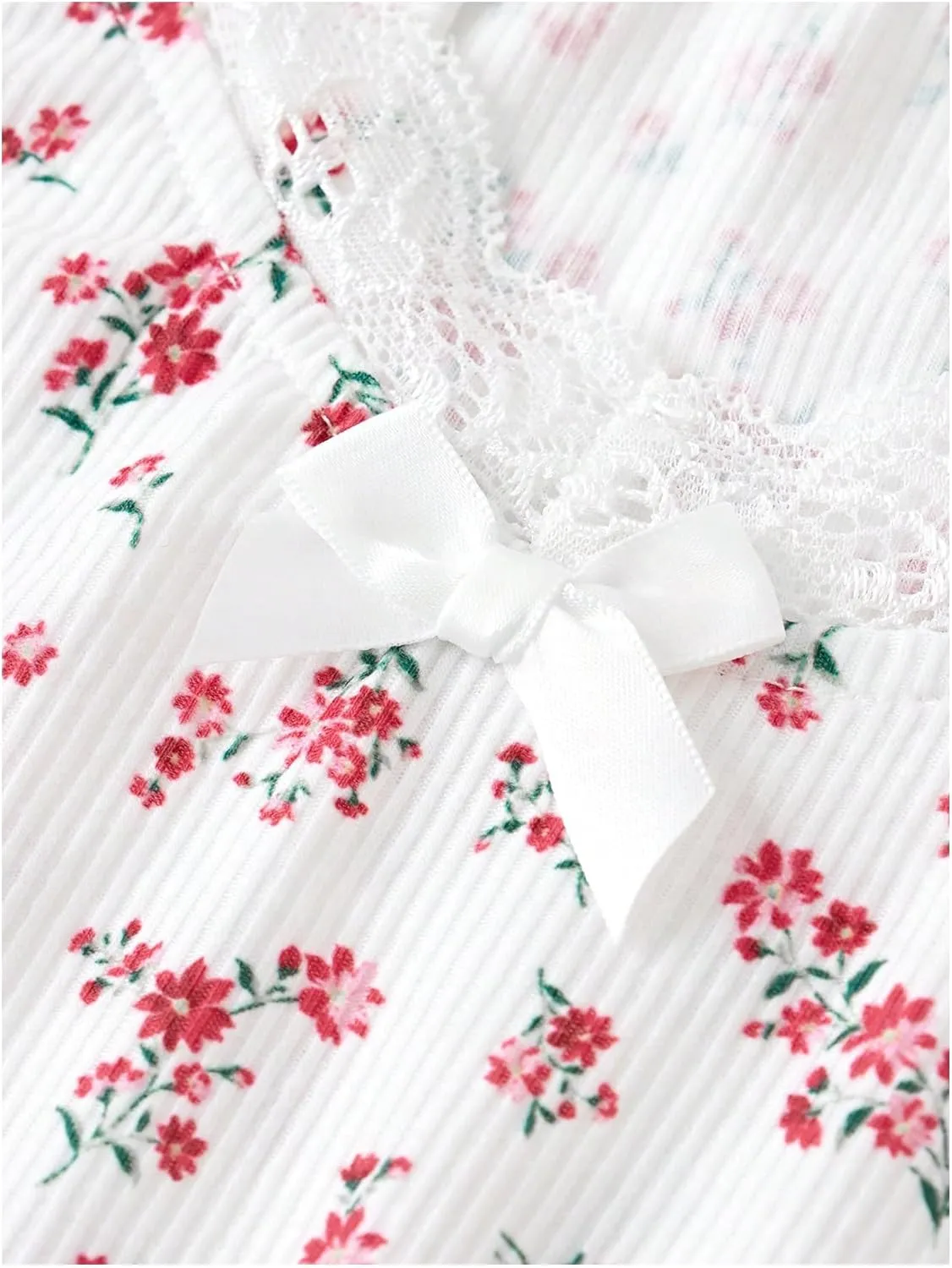 Girl's Ditsy Floral Print Bow Lace T Shirt Short Sleeve Halter V Neck Ruched Tee Shirt