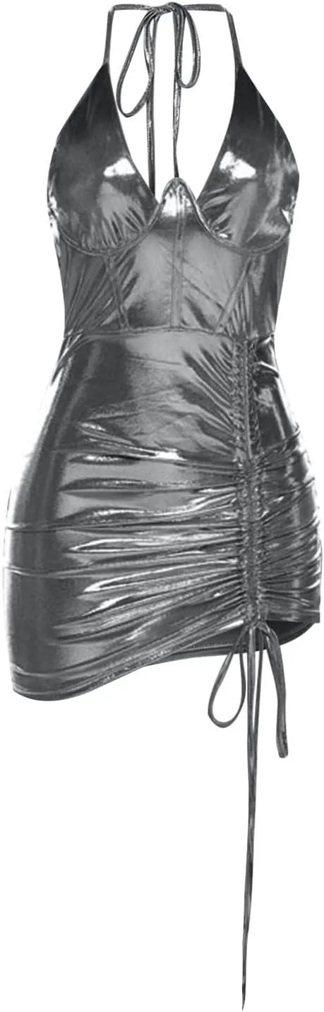 HGps8w Women's Metallic Shiny Corset Halter Bodycon Mini Dresses Sexy Low Cut Drawstring Ruched Nightclub Party Dress