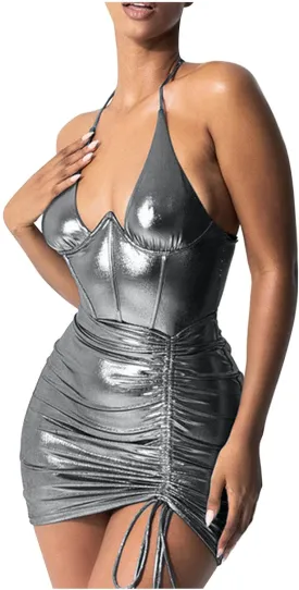 HGps8w Women's Metallic Shiny Corset Halter Bodycon Mini Dresses Sexy Low Cut Drawstring Ruched Nightclub Party Dress