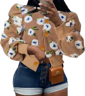 HOULENGS Women's Cropped Floral Print Fleece Bomber Jacket Casual Puff Sleeve Button Down Coats Winter Warm Outerwears