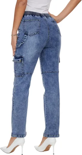 HVEPUO Womens Pants Casual Straight Leg Cargo Pants High Waisted Jeans for Women with Pockets