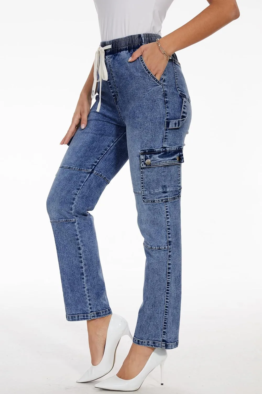 HVEPUO Womens Pants Casual Straight Leg Cargo Pants High Waisted Jeans for Women with Pockets