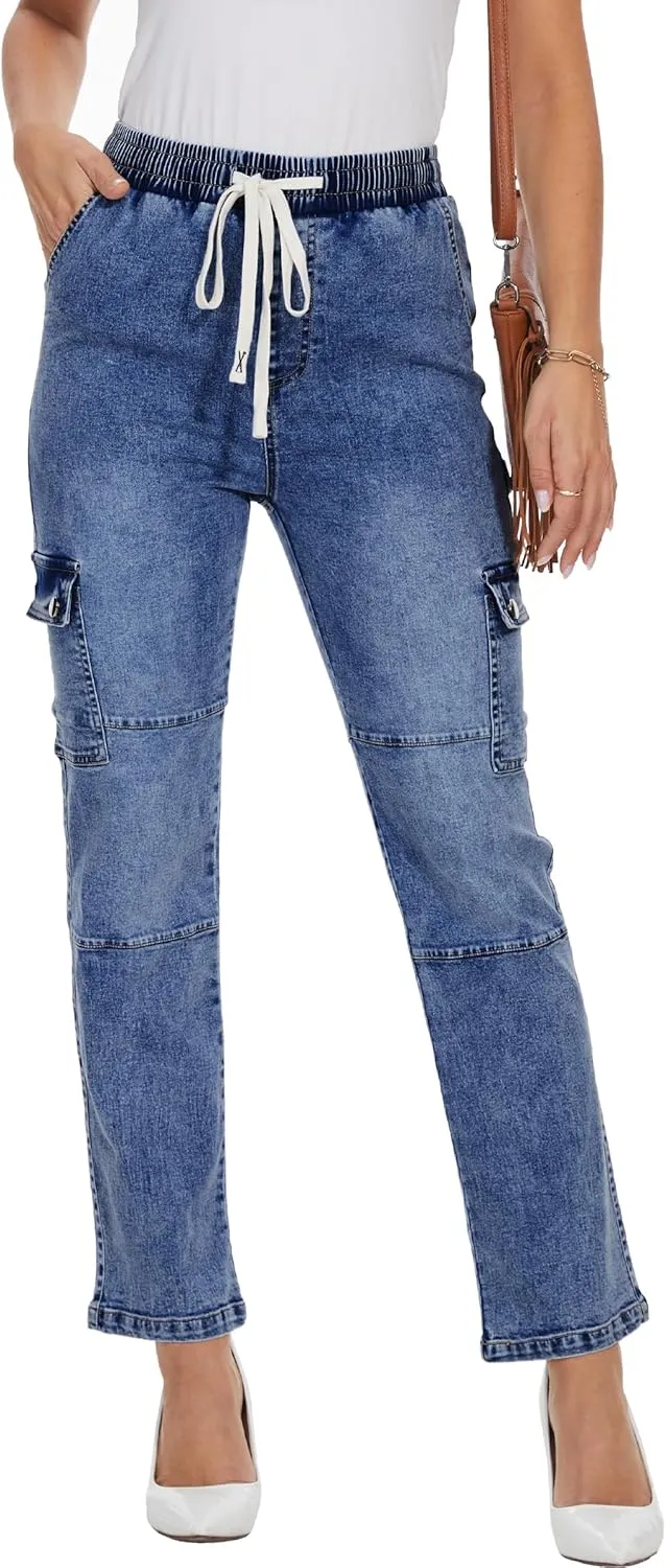 HVEPUO Womens Pants Casual Straight Leg Cargo Pants High Waisted Jeans for Women with Pockets