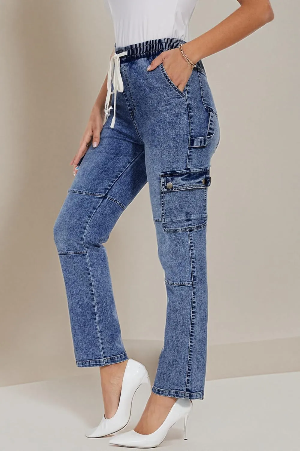 HVEPUO Womens Pants Casual Straight Leg Cargo Pants High Waisted Jeans for Women with Pockets