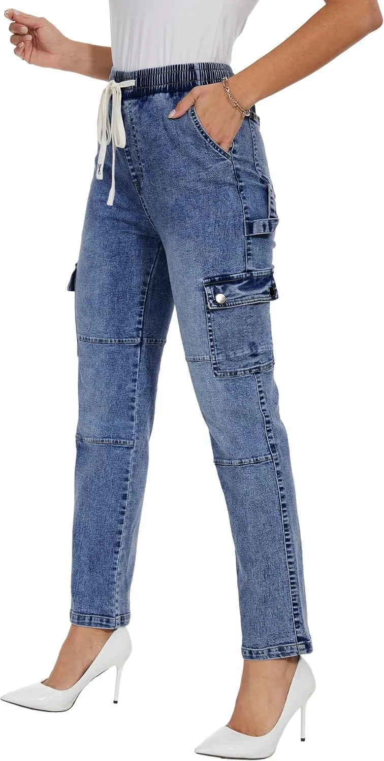 HVEPUO Womens Pants Casual Straight Leg Cargo Pants High Waisted Jeans for Women with Pockets
