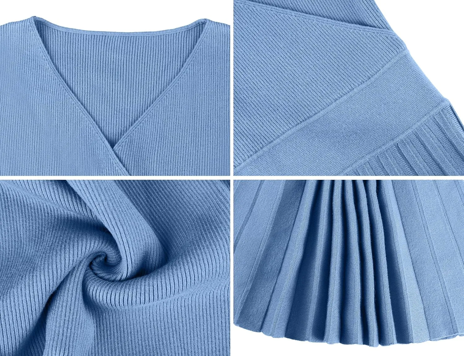 kayamiya Women's V Neck Wrap Sweater Dress Long Sleeve Ribbed Knit Pleated Swing A Line Midi Dresses