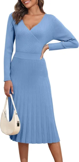 kayamiya Women's V Neck Wrap Sweater Dress Long Sleeve Ribbed Knit Pleated Swing A Line Midi Dresses