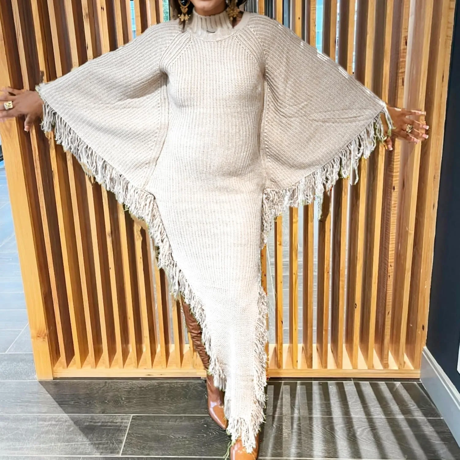 LETSVDO Women's Fringe Sweater Dress Long Sleeve Bodycon Batwing Knit Mock Neck Slit High Low Party Maxi Dresses