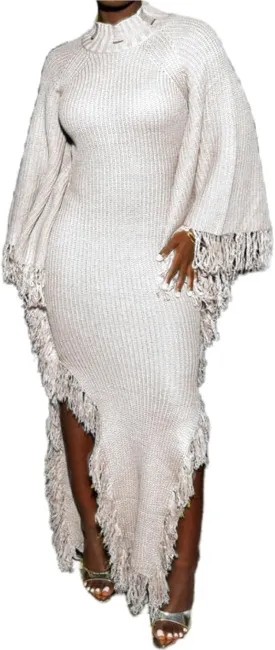 LETSVDO Women's Fringe Sweater Dress Long Sleeve Bodycon Batwing Knit Mock Neck Slit High Low Party Maxi Dresses