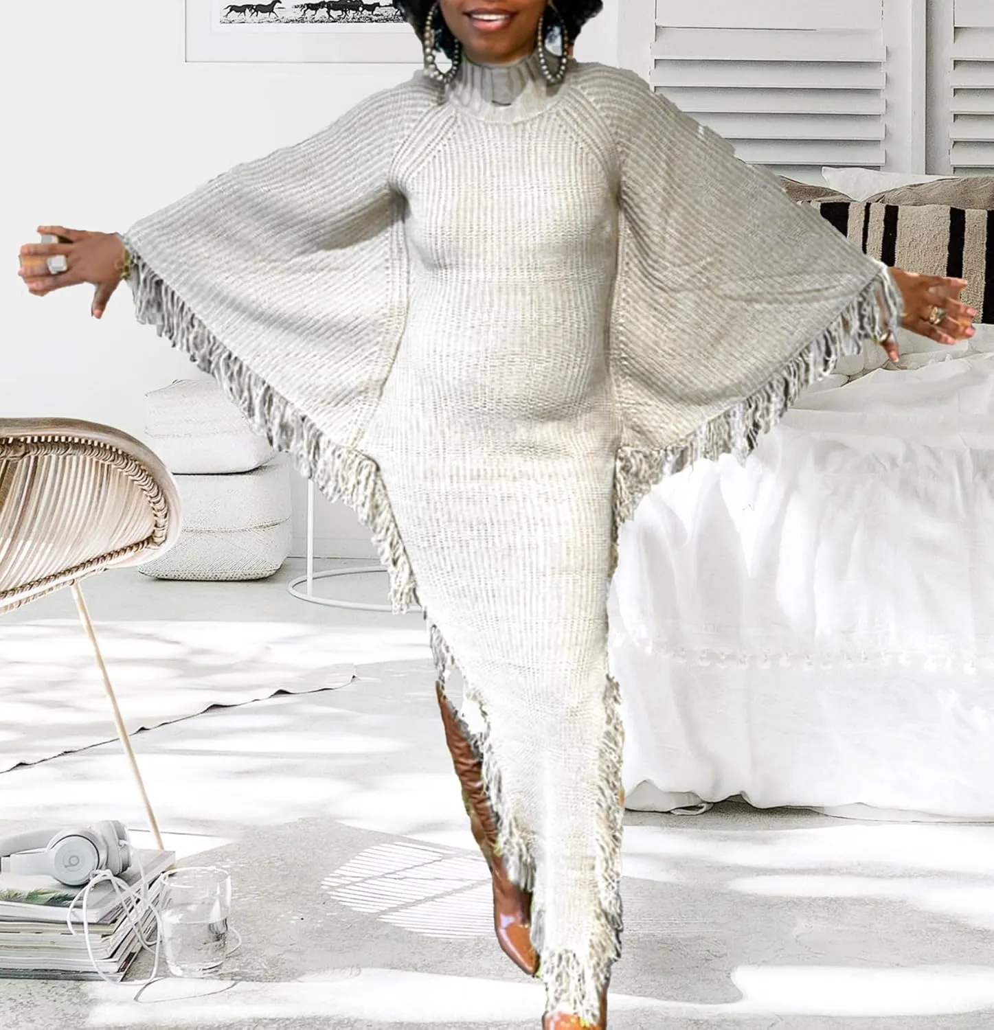 LETSVDO Women's Fringe Sweater Dress Long Sleeve Bodycon Batwing Knit Mock Neck Slit High Low Party Maxi Dresses