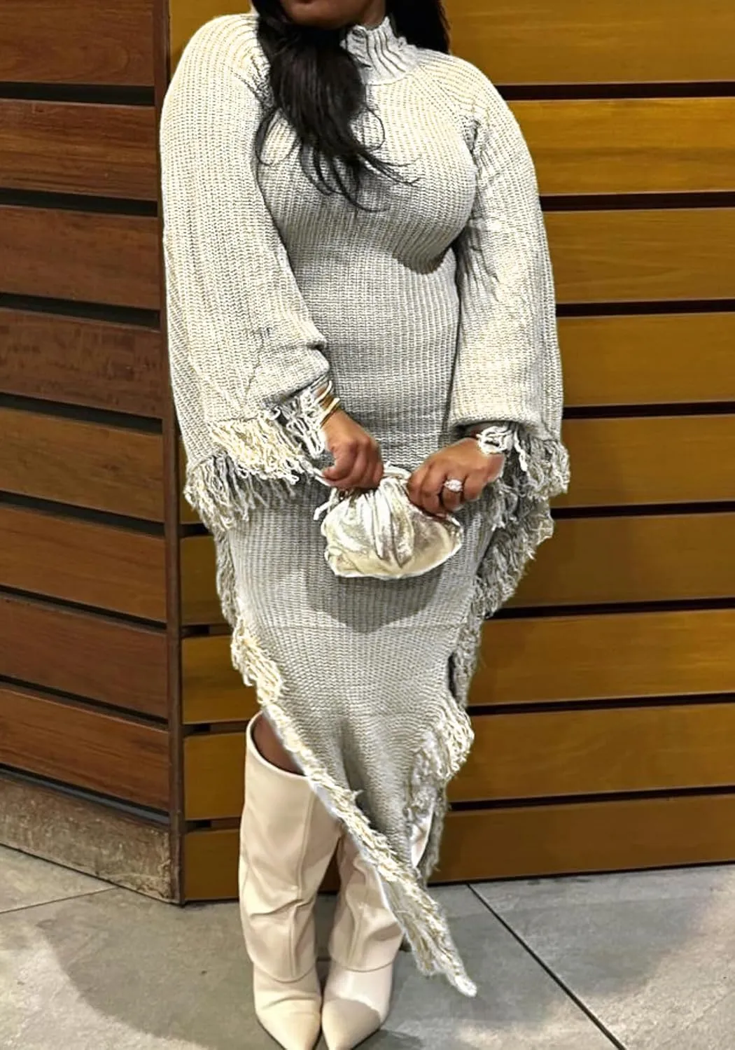 LETSVDO Women's Fringe Sweater Dress Long Sleeve Bodycon Batwing Knit Mock Neck Slit High Low Party Maxi Dresses