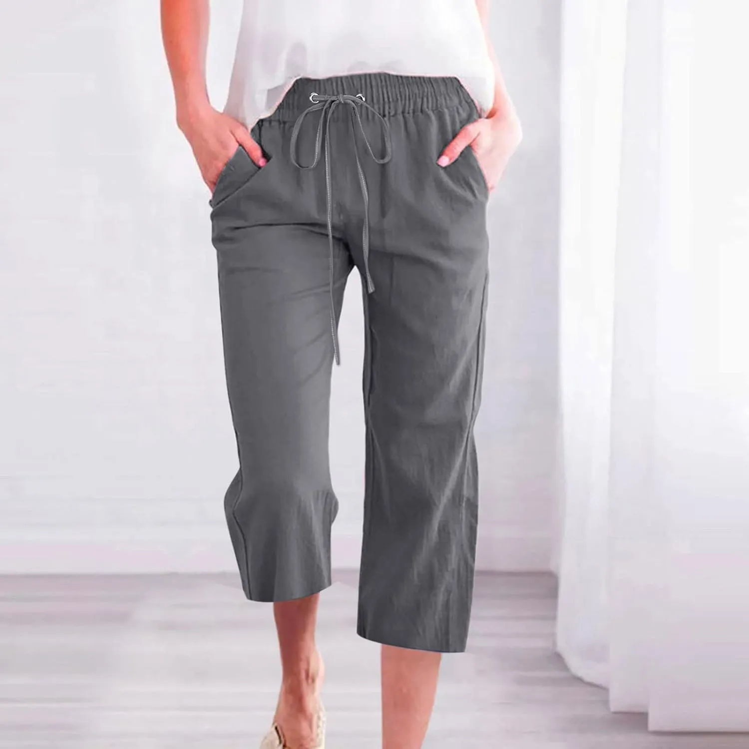 Linen Capri Pants for Women Cotton Casual Summer Capris Drawstring High Waist Pants Wide Leg Cropped Trousers