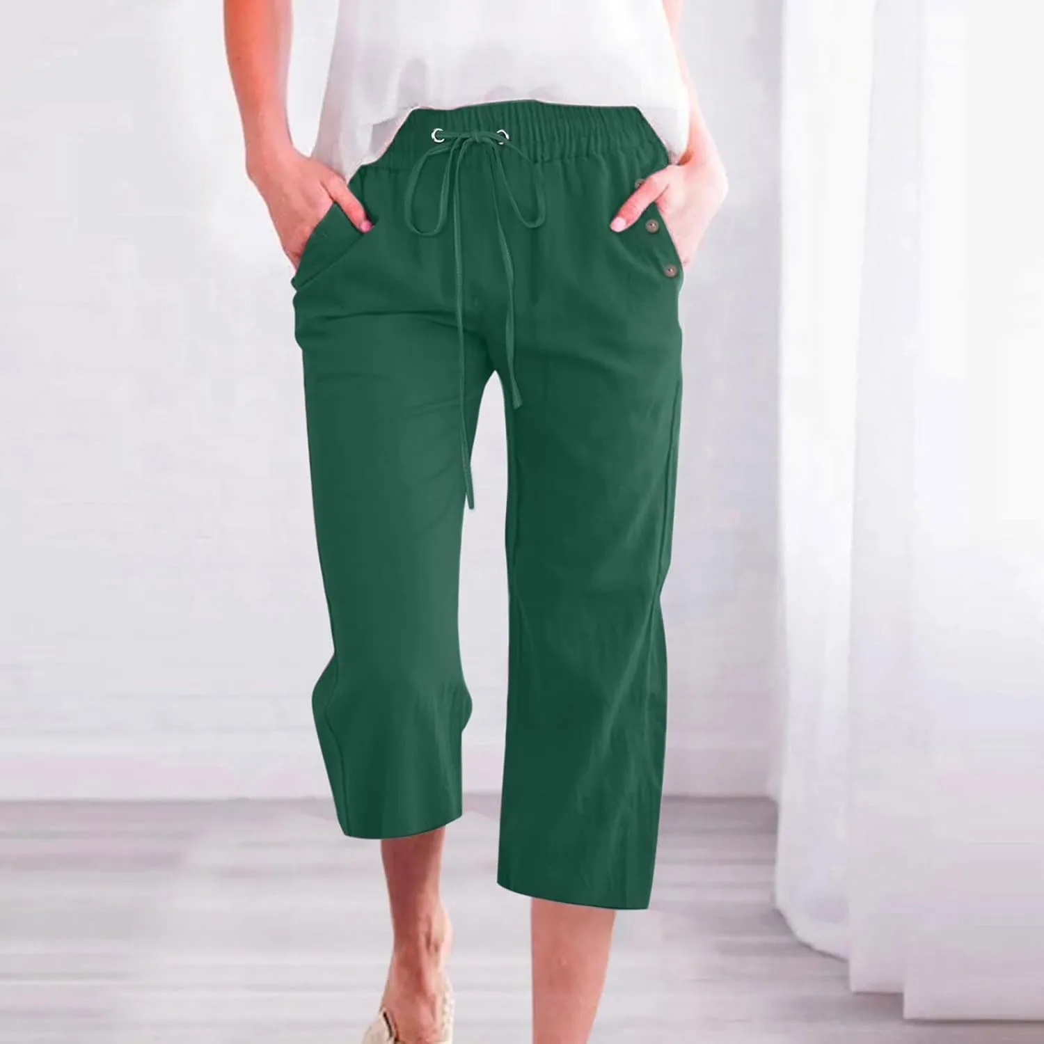 Linen Capri Pants Women Women's Loose Cotton Linen Drawstring Capris 2025 Summer Straight Wide Leg Trousers
