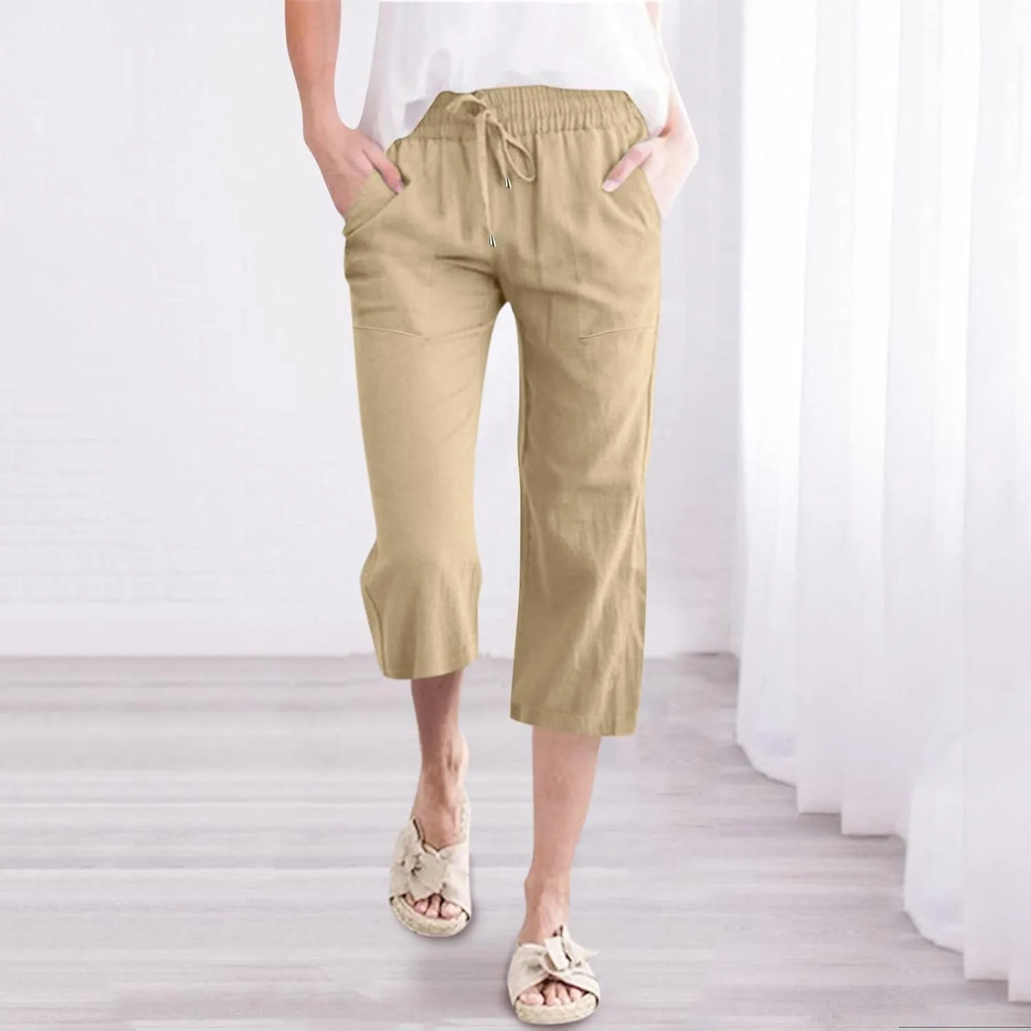Linen Capri Pants Women Women's Loose Cotton Linen Drawstring Capris 2025 Summer Straight Wide Leg Trousers