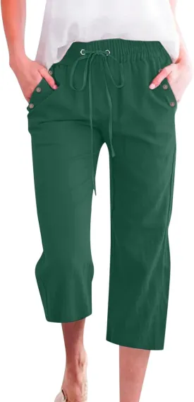Linen Capri Pants Women Women's Loose Cotton Linen Drawstring Capris 2025 Summer Straight Wide Leg Trousers