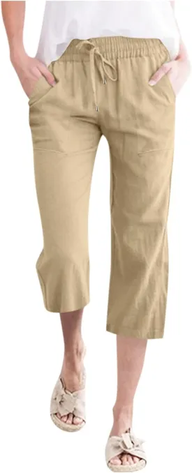 Linen Capri Pants Women Women's Loose Cotton Linen Drawstring Capris 2025 Summer Straight Wide Leg Trousers