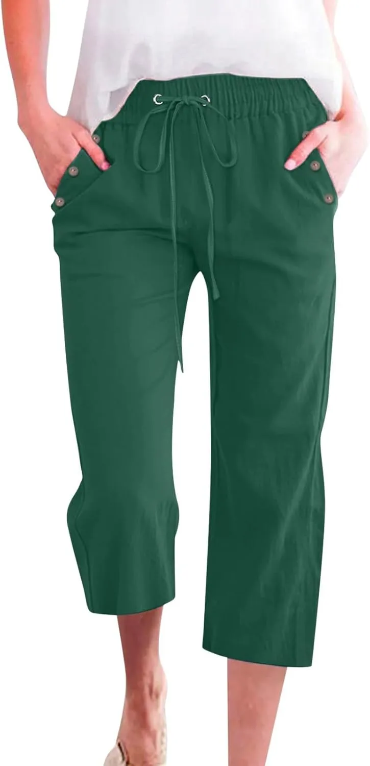 Linen Capri Pants Women Women's Loose Cotton Linen Drawstring Capris 2025 Summer Straight Wide Leg Trousers