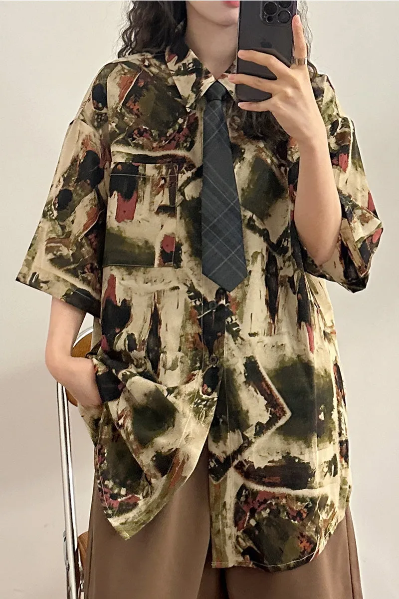Loose American Retro Hong Kong Style Tie Floral Shirt Niche Design