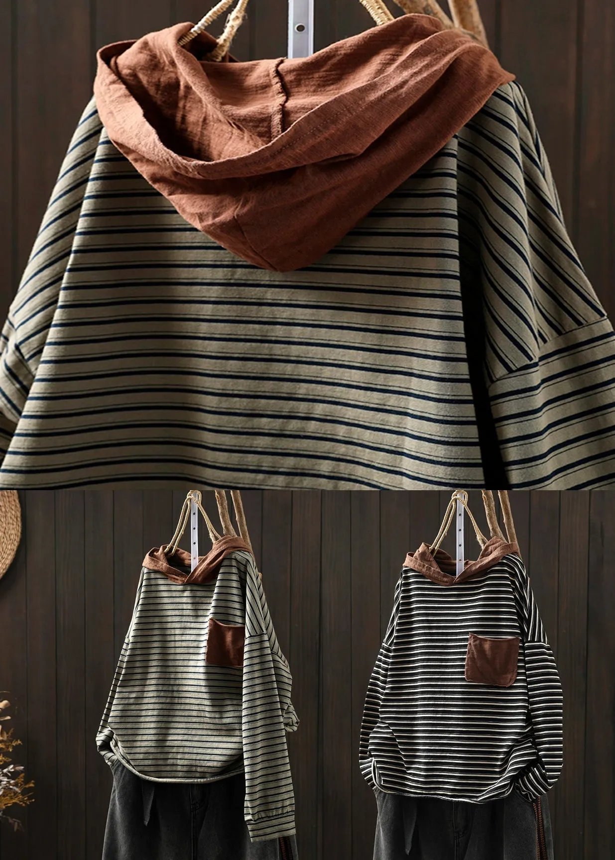 Loose Green Striped Hooded Patchwork Cotton Blouse T Shirt Fall ML1915