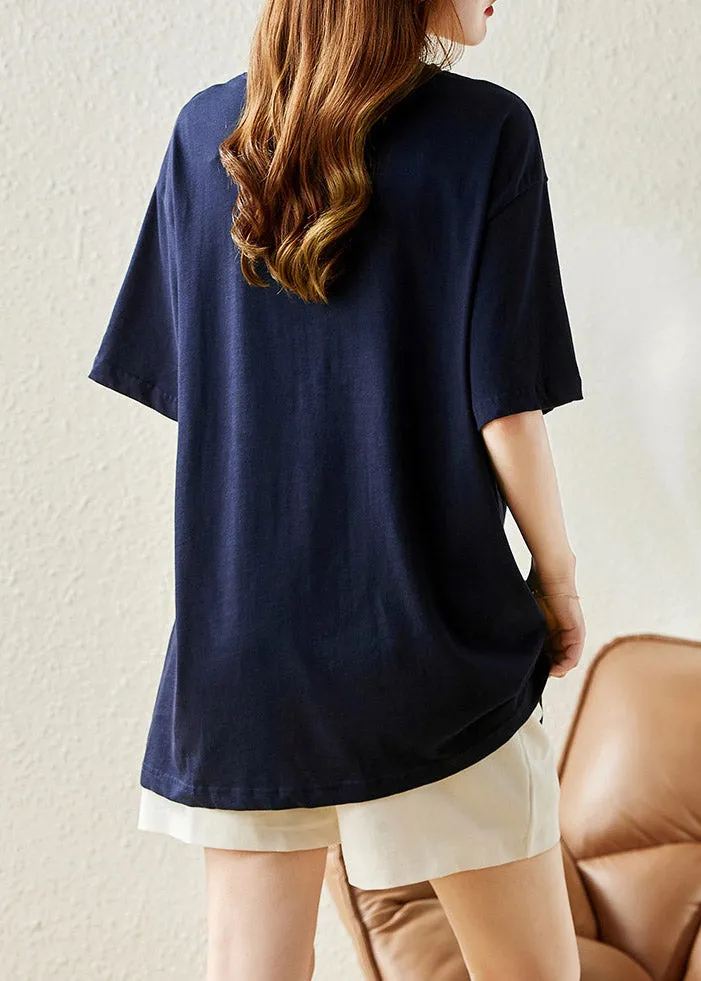 Loose Navy V Neck Print Cotton T Shirt Summer LY1484