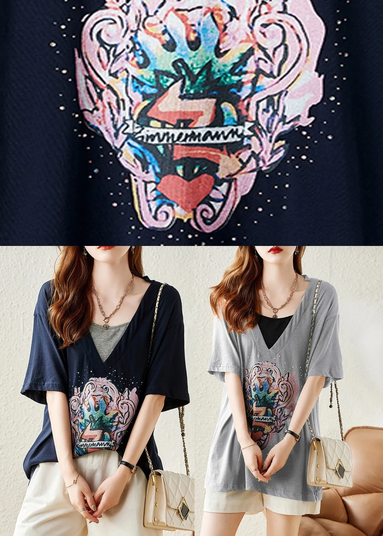 Loose Navy V Neck Print Cotton T Shirt Summer LY1484