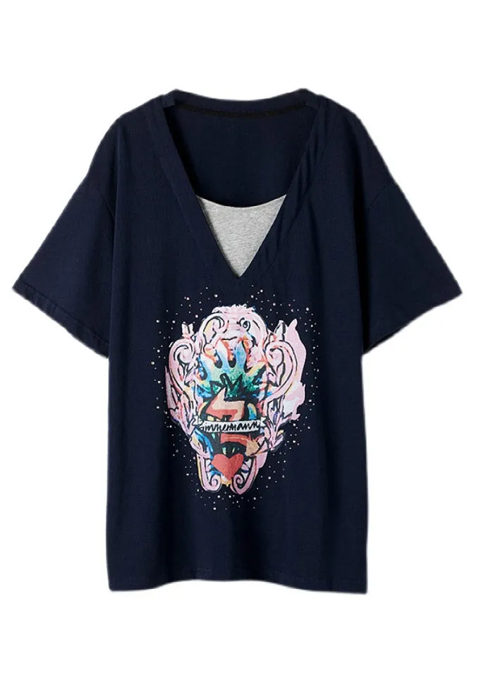 Loose Navy V Neck Print Cotton T Shirt Summer LY1484