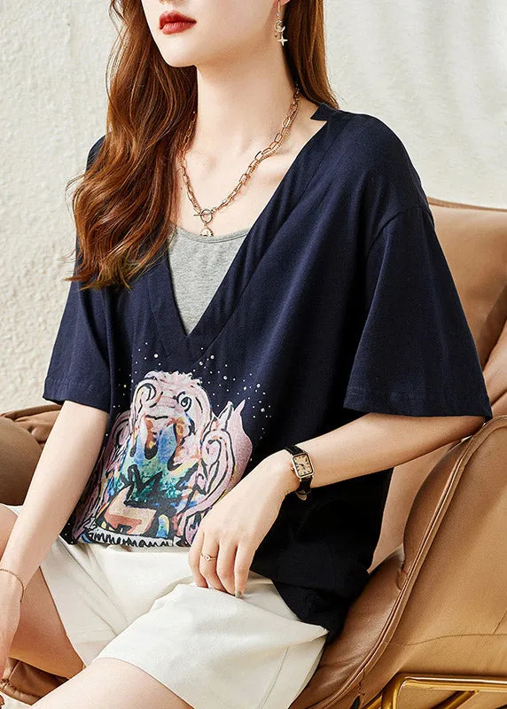 Loose Navy V Neck Print Cotton T Shirt Summer LY1484