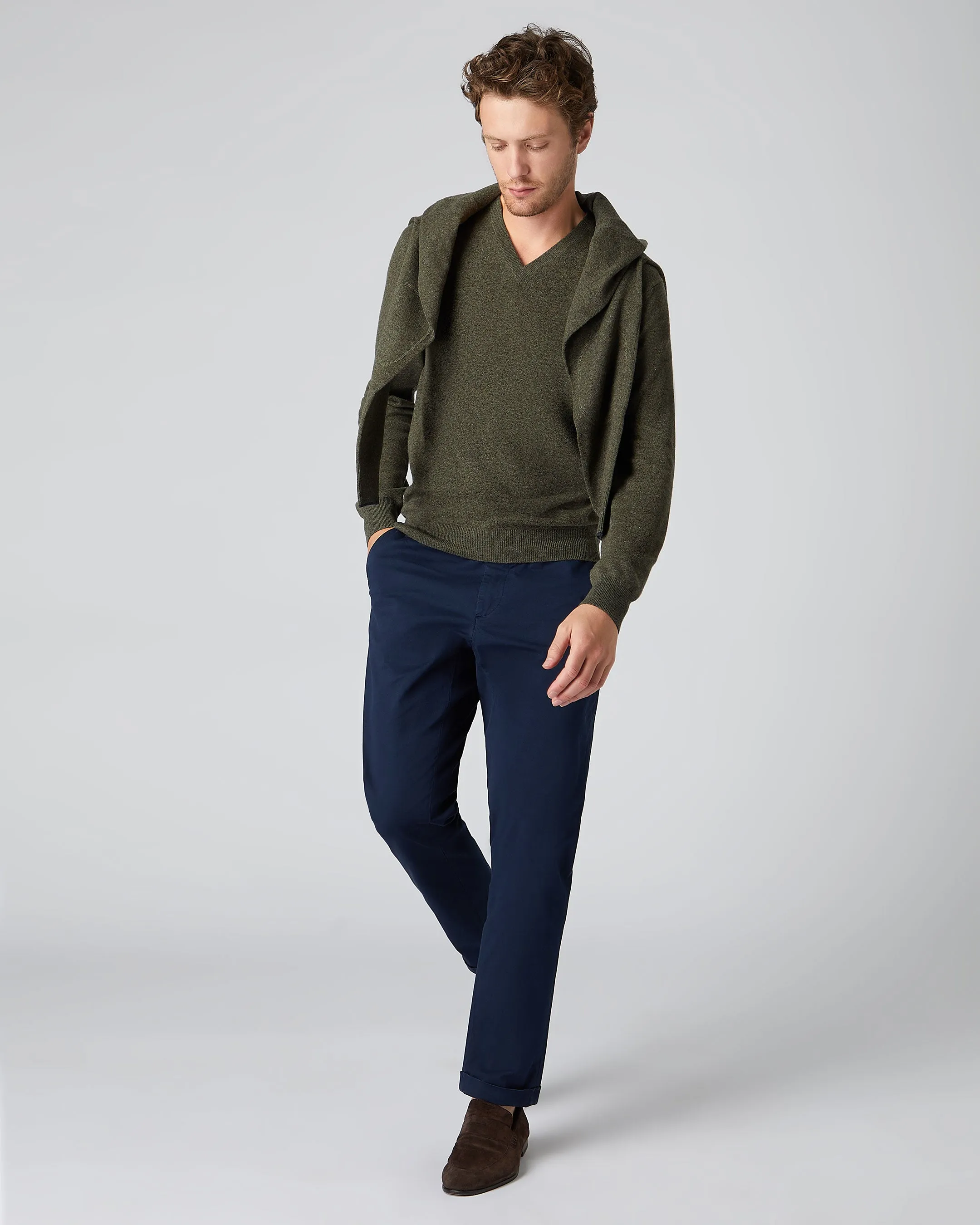 Men's Burlington V Neck Cashmere Jumper Moss Green
