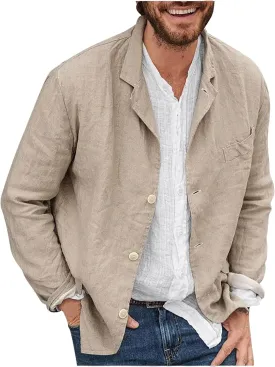 Men's Casual Shirt Jacket Cotton Linen Shacket Loose Fit Long Sleeve Button-Down Overshirt Soft Lightweight Work Coat