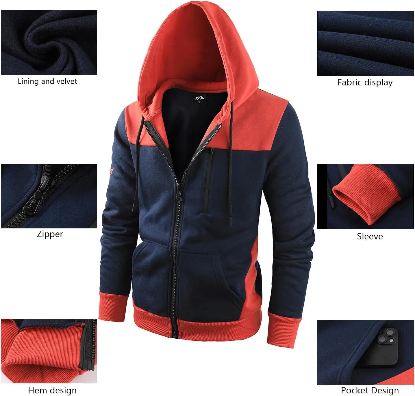 Men's Full Zip Fleece Hoodie zippered Color Block hooded slim Fit Long Sleeve Lightweight Sweatshirt
