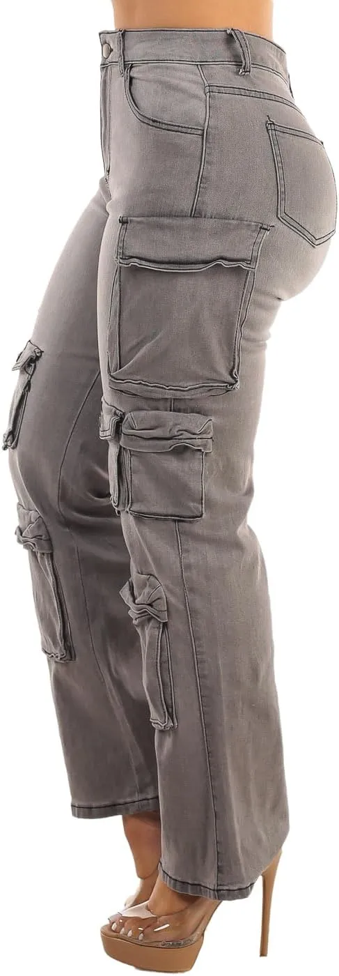 Moda Xpress Women's Casual High Waisted Stretchy Wide Leg Cargo Denim Jeans and Pants with Pockets for Women