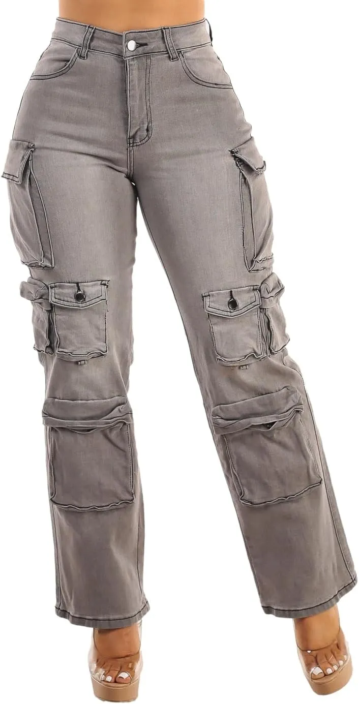 Moda Xpress Women's Casual High Waisted Stretchy Wide Leg Cargo Denim Jeans and Pants with Pockets for Women