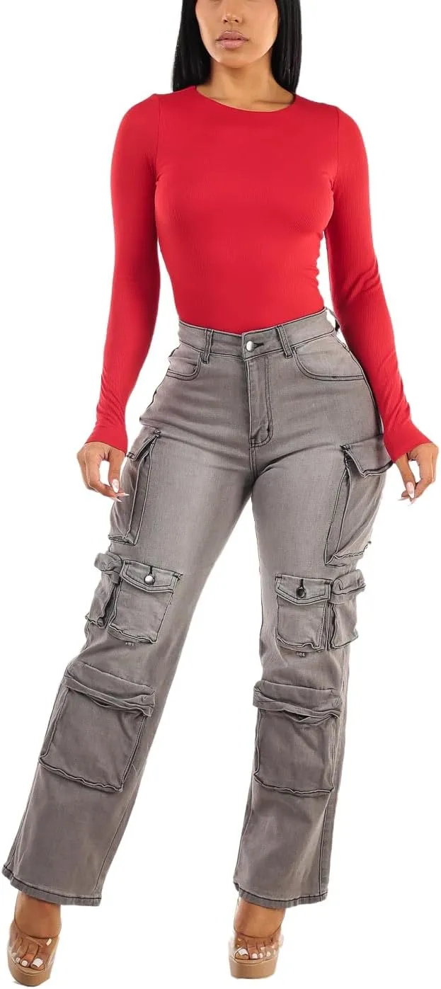 Moda Xpress Women's Casual High Waisted Stretchy Wide Leg Cargo Denim Jeans and Pants with Pockets for Women