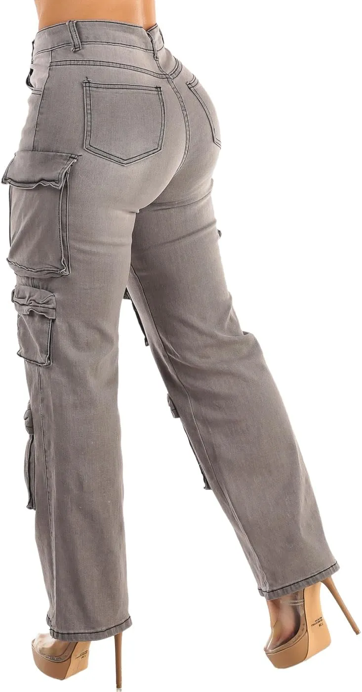 Moda Xpress Women's Casual High Waisted Stretchy Wide Leg Cargo Denim Jeans and Pants with Pockets for Women